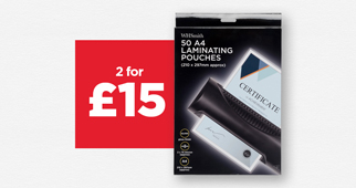 2 for £15 WHSmith A4 laminating pouches (Pack of 50)