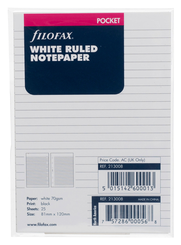 Filofax Pocket Refill White Ruled Notepaper