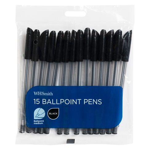 WHSmith Medium Ballpoint Pens, Black Ink (Pack of 15)