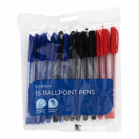 WHSmith Medium Ballpoint Pens, Assorted Ink (Pack of 15)
