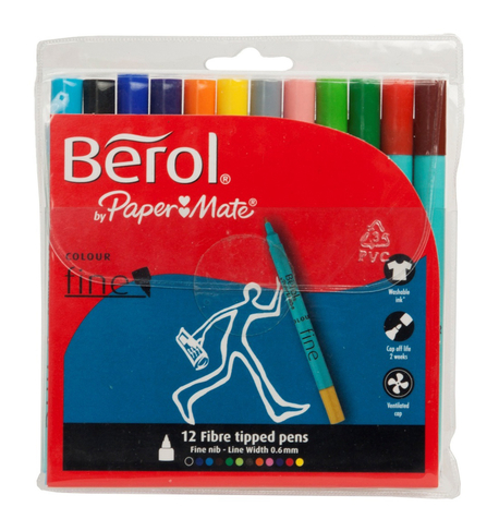 Berol Colour Fine Fibre Tip Pens, Fine Nib, Multi Ink (Pack of 12)