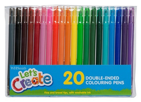 WHSmith Double-Ended Fine & Broad Tips Colouring Pens, Multi Ink (Pack of 20)