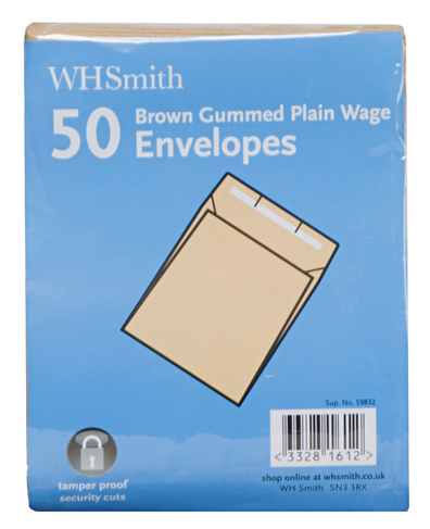 WHSmith Brown Gummed Plain Wage Envelopes (Pack of 50)