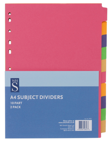 WHSmith 10 Part A4 Card Subject Dividers (Pack of 2)