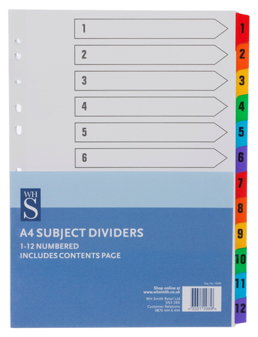 WHSmith 1-12 Numbered A4 Card Subject Dividers