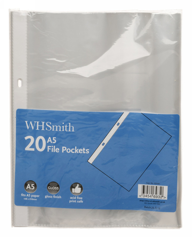 WHSmith A5 Plastic File pockets (Pack of 20)