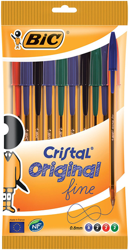 BIC Cristal Original Ballpoint Pens, 0.8mm Fine Point, Assorted Colours (Pack of 10)