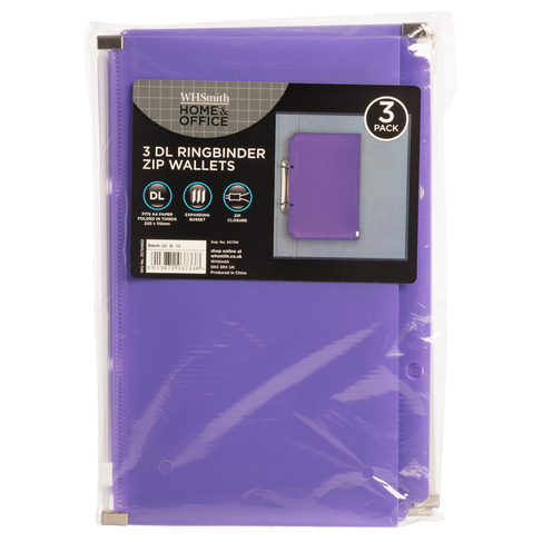 WHSmith Green or Purple Ringbinder Zip DL Wallets (Pack of 3)