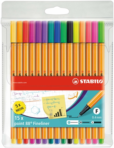 STABILO point 88 Wallet including 5 Neon Fineliners, Assorted Ink (Pack of 15)