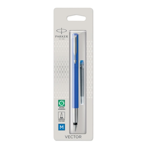 Parker Vector Fountain Pen, Blue with Chrome Trim, Medium Nib, Blue Ink
