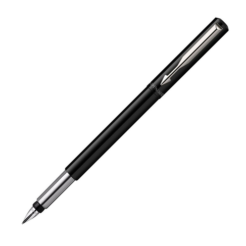 Parker Vector Fountain Pen, Black with Chrome Trim, Medium Nib, Blue Ink
