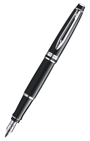 Waterman Expert Black Lacquer Fountain Pen with Chrome Trim, Medium Nib, Blue Ink