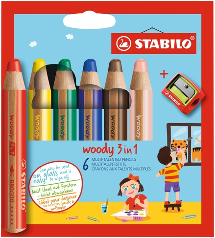 STABILO woody 3 in 1 Colouring Pencils (Pack of 6 with Sharpener)