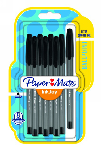 Paper Mate Inkjoy 100 Black Ballpoint Pens, Medium Nib, Black Ink (Pack of 8)