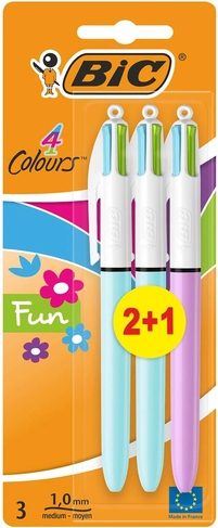 BIC 4 Colours Fun Retractable Ballpoint Pens, 1.0mm Medium Point, Assorted Colours (Pack of 2+1)