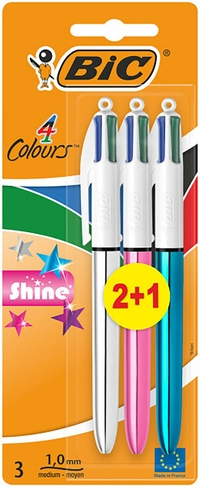 BIC 4 Colours Shine Retractable Ballpoint Pens, 1.0mm Medium Point, Assorted Colours (Pack of 3)