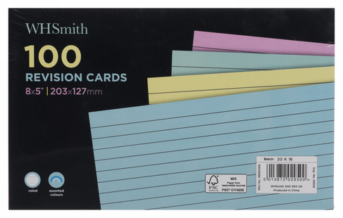 WHSmith Assorted Colour Ruled Revision Cards (Pack of 100)