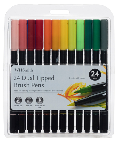 WHSmith Dual Tipped Brush Pens, Fine Nib, Assorted Ink (Pack of 24)
