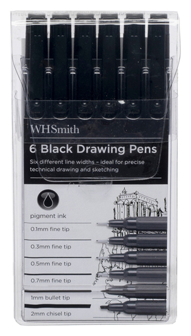 WHSmith Drawing Pens, Black Ink (Pack of 6)