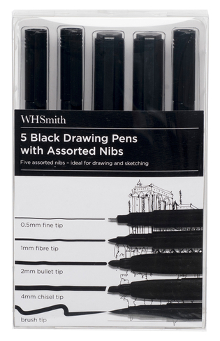 WHSmith Assorted Drawing Pens, Black Ink (Pack of 5)