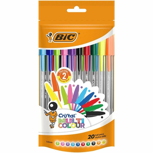 BIC Cristal Multicolour Ballpoint Pens, 1.6mm Broad Point, Assorted Colours (Pack of 20)