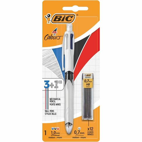 BIC 4 Colours Retractable Ballpoint Pen and Mechanical Pencil (Pack of 1 + 12 Refills)