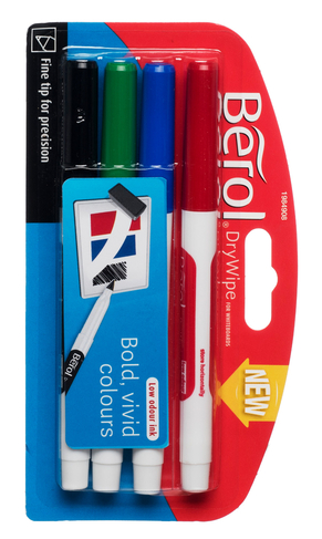 Berol Dry Wipe Marker Pens, Assorted Ink (Pack of 4)