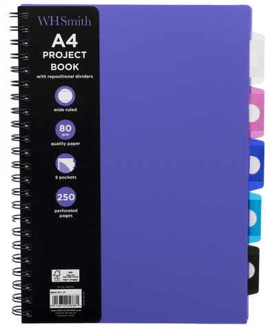 WHSmith Purple A4 Wide Ruled Project Notebook