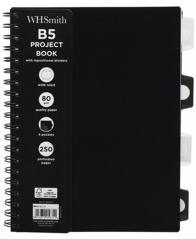 WHSmith Black B5 Wide Ruled Project Notebook