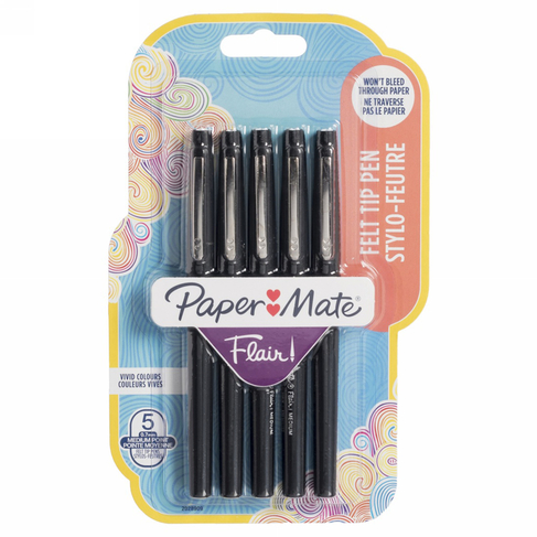 Paper Mate Flair Felt Tip Pens, Medium Nib, Black Ink (Pack of 5)