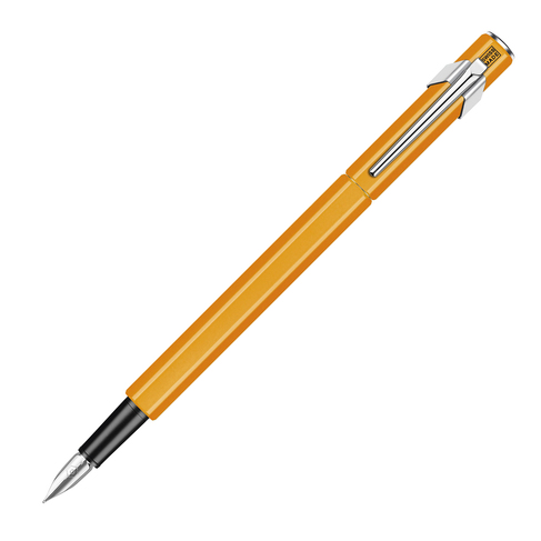Caran D'Ache 849 Fluorescent Orange Fountain Pen with Chrome Trim, Medium Nib, Blue Ink