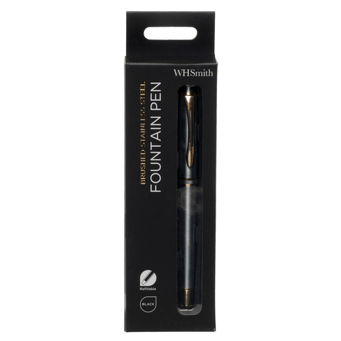 WHSmith Brushed Stainless Steel Fountain Pen, Black Ink