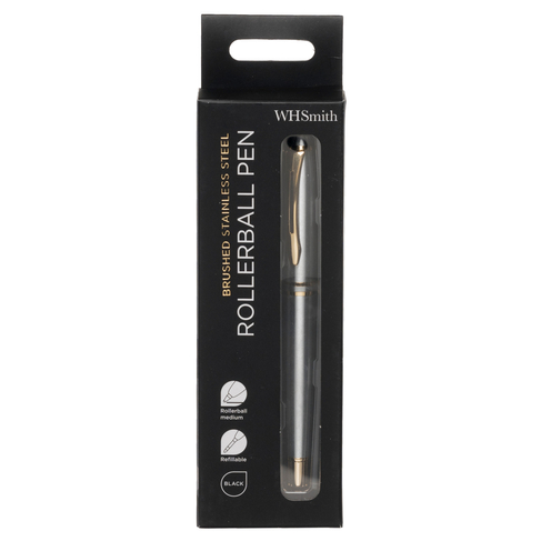 WHSmith Brushed Stainless Steel Rollerball Pen, Black Ink