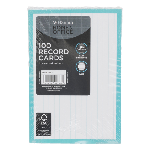 WHSmith Assorted Colour Bordered 6 x 4 (15 x 10cm) Ruled Record Cards (Pack of 100)	