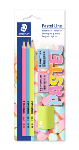 STAEDTLER Pastel Line Set of 3 HB Pencils, 2 Erasers and 1 Pencil Sharpener