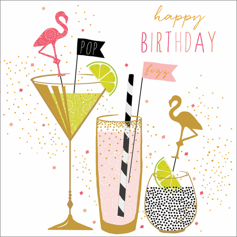 Portfolio Foil & Glitter Flamingo Cocktails  Birthday Card