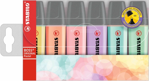 STABILO BOSS ORIGINAL Pastel Highlighters, Chisel Nib, Multi Ink (Pack of 6)