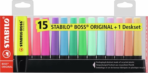 STABILO BOSS ORIGINAL Deskset Highlighters, Chisel Nib, Multi Ink (Pack of 15)