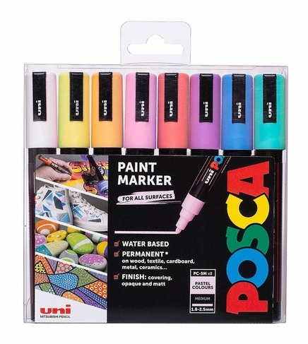POSCA PC-5M Medium Bullet Tip Multi-Surface Paint Markers Pastel Colours (Pack of 8)