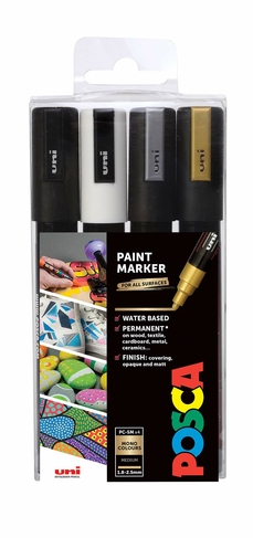 POSCA PC-5M Medium Bullet Tip Multi-Surface Paint Markers Essential Colours (Pack of 4)