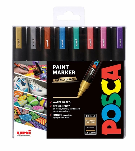 POSCA PC-5M Medium Bullet Tip Multi-Surface Paint Markers Metallic Colours (Pack of 8)