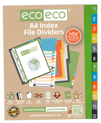 eco-eco 50% Recycled A4 Assorted Colour 1-12 Numbered Subject Dividers (Pack of 12)