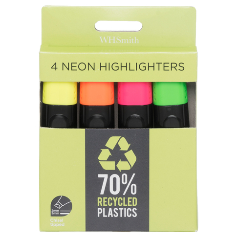 WHSmith Recycled Chisel Tip Neon Highlighters (Pack of 4)