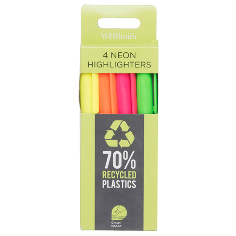 WHSmith Recycled Chisel Tipped Slim Neon Highlighters (Pack of 4)