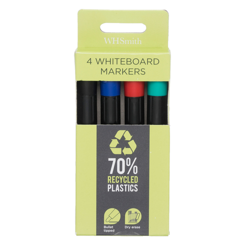 WHSmith Recycled Bullet Tip Whiteboard Markers, Assorted Colours (Pack of 4)