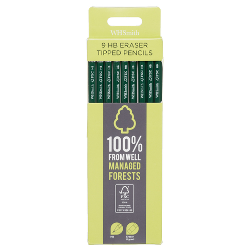 WHSmith FSC Eraser Tipped HB Pencils (Pack of 9)