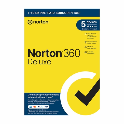 Norton 360 Deluxe 1 User, 5 Devices - 1 Year Subscription with Automatic Renewal