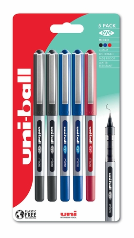 uni-ball eye MICRO Rollerball Pens Black, Blue and Red (Pack of 5)