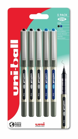 uni-ball eye 157 Fine Rollerball Pens Black and Blue (Pack of 5)