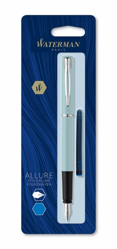 Waterman Allure Pastel Blue Fountain Pen with Chrome Trim, Medium Nib, Blue Ink